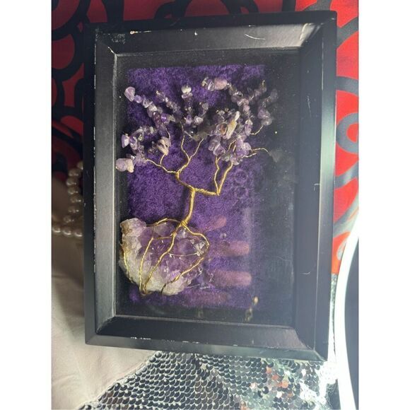 GEMSTONE BONSAI TREE WITH AMETHYST DRUZE BASE  lepoldite TUMBLED STONE LEAVES - Picture 1 of 7